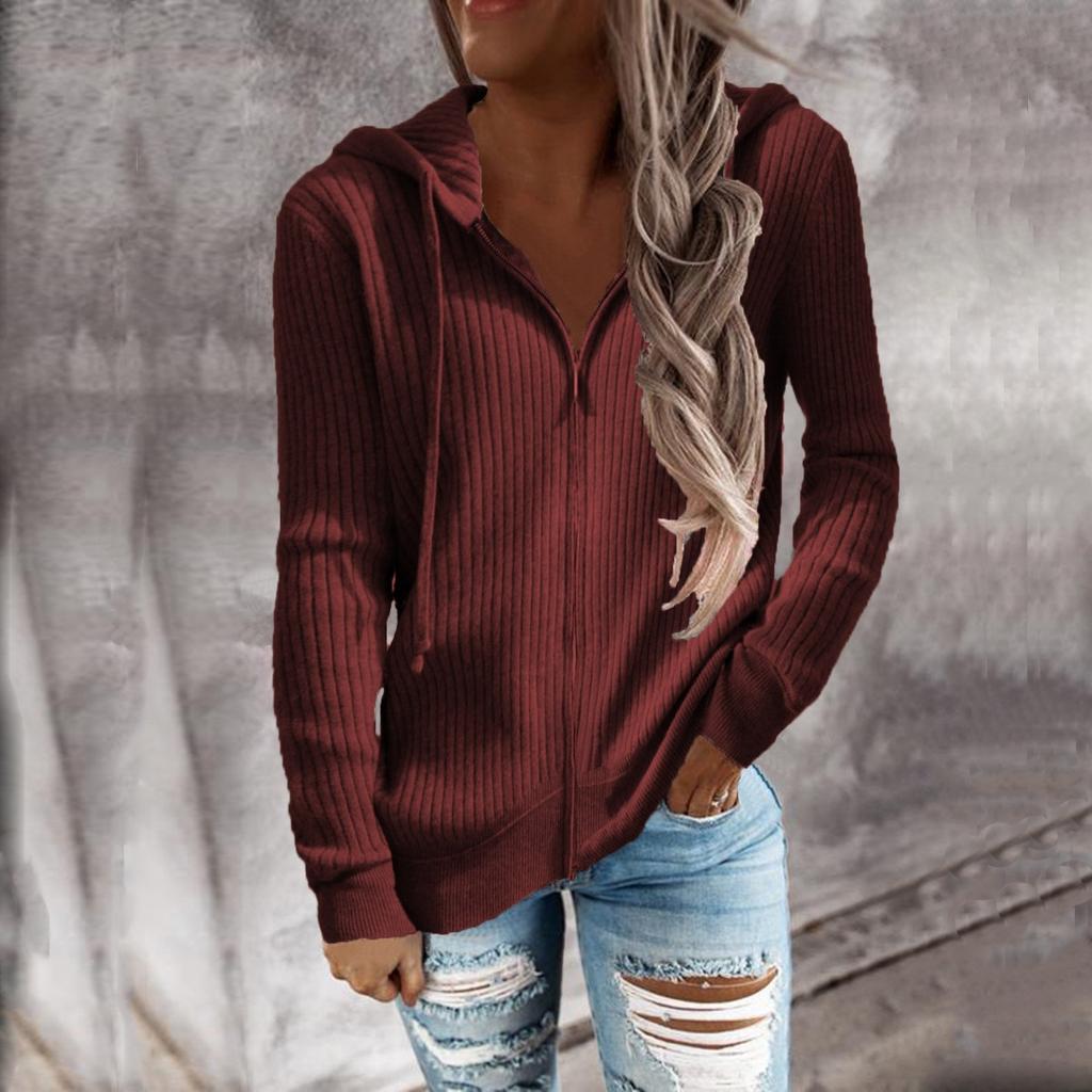 2025 Autumn Winter New Striped Casual Loose Fit Knitwear Zip Up Cardigan Long Sleeve Hooded Sweater for Women