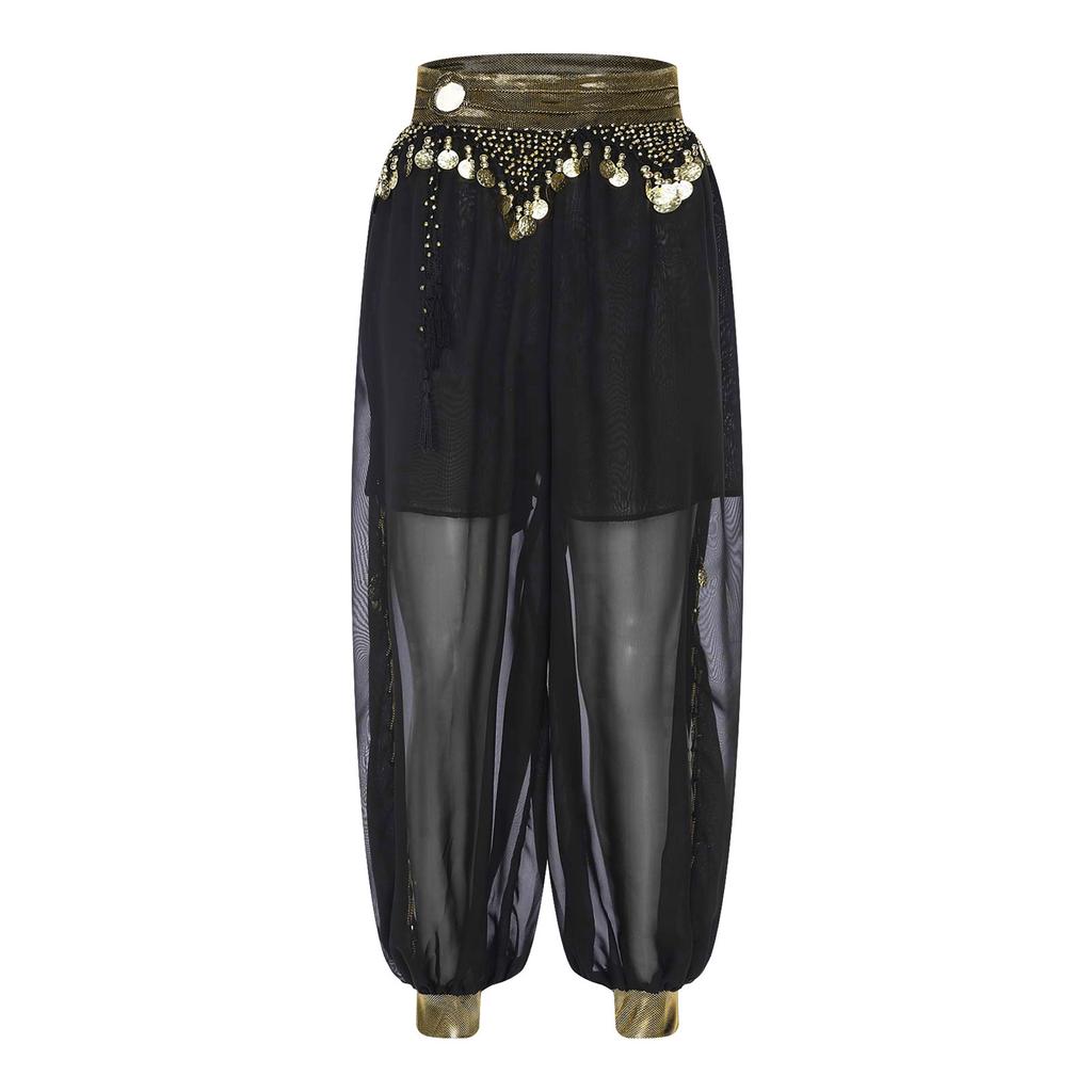 Womens Belly Dance Costume Chiffon Bloomers Plastic Beads Tassels Metallic Ruched Waistband Side Split Pants