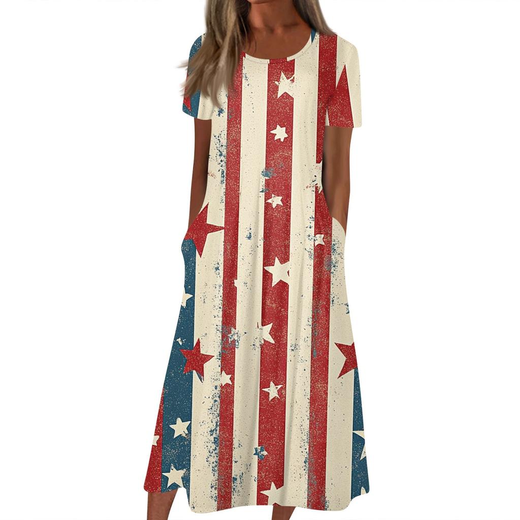 Женское летнее повседневное модное платье с коротким рукавом и карманом на День независимости с коротким рукавом