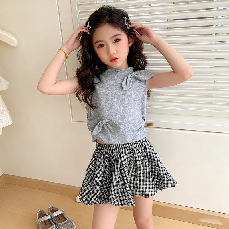 Летний серый жилет и юбка-пачка в горошек для девочек, комплект 2025