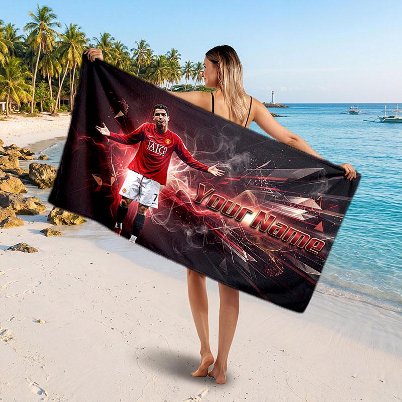Cristiano Ronaldo Custom Beach Towel, Personalized Name Text Print, Football Logo Soft Quick‑Dry Towel Holiday Gift