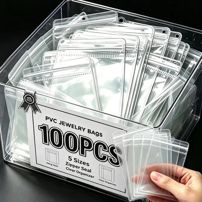 20-100pcs PVC Jewelry Storage Self Sealing Bags Handmade DIY Transparent Bag Side Punched Chain Bag Anti Oxidation Bags