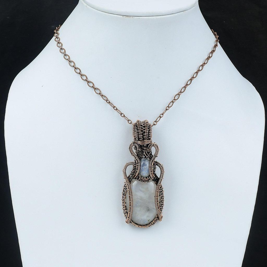 Кулон из радужного лунного камня, обернутый медной проволокой, украшения, кулон из натурального драгоценного камня, украшения ручной работы, медный кулон для подарка, кулон, обернутый проволокой