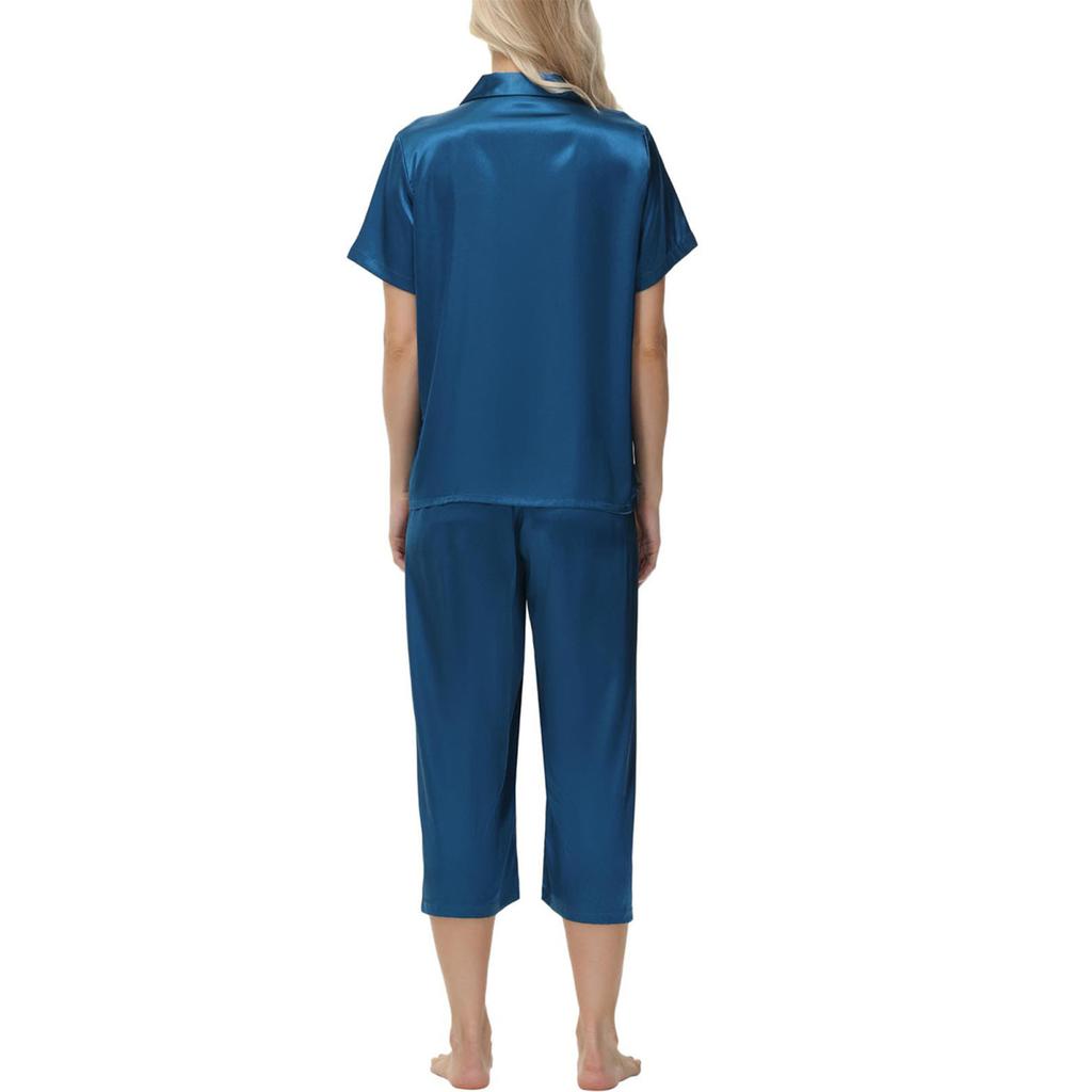 2 шт./комплект пижамы Ice Silk, рубашка с длинным рукавом и застежкой на пуговицы, эластичный пояс, широкие укороченные брюки, домашняя одежда, повседневный наряд, весенняя одежда для сна