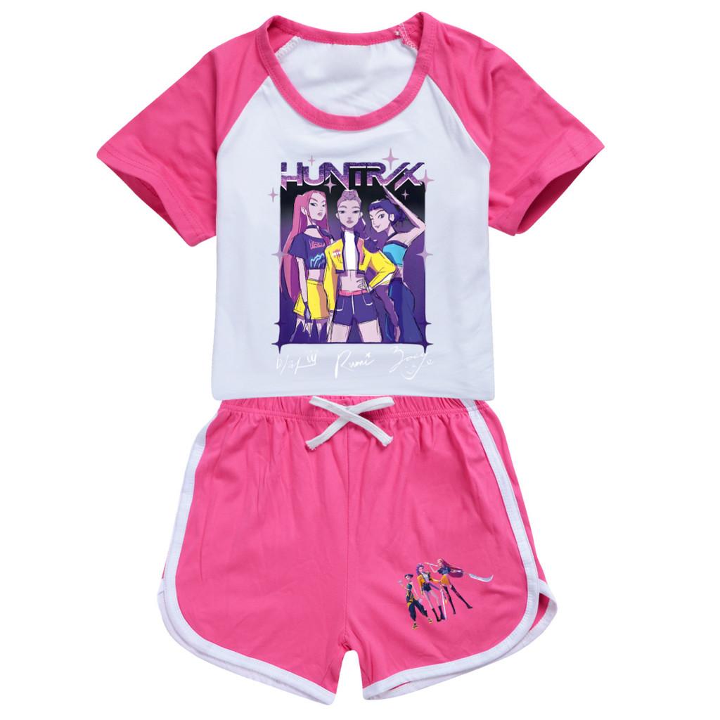 5022 Детский спортивный костюм для девочек в стиле поп-музыки: футболка, шорты, шорты, футболка и шорты с принтом Руми, Зои и Миры.