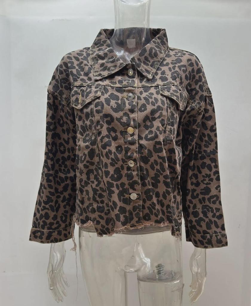 Женская модная джинсовая куртка 2024 года с леопардовым принтом и необработанными краями