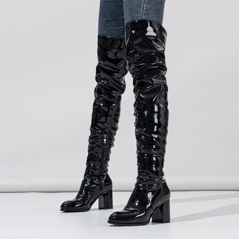 Eilyken Winter Patent Leather Women Over-the-knee Boots Fashion Nightclub Round Toe Zip Booties Square High Heels Ladies Shoes