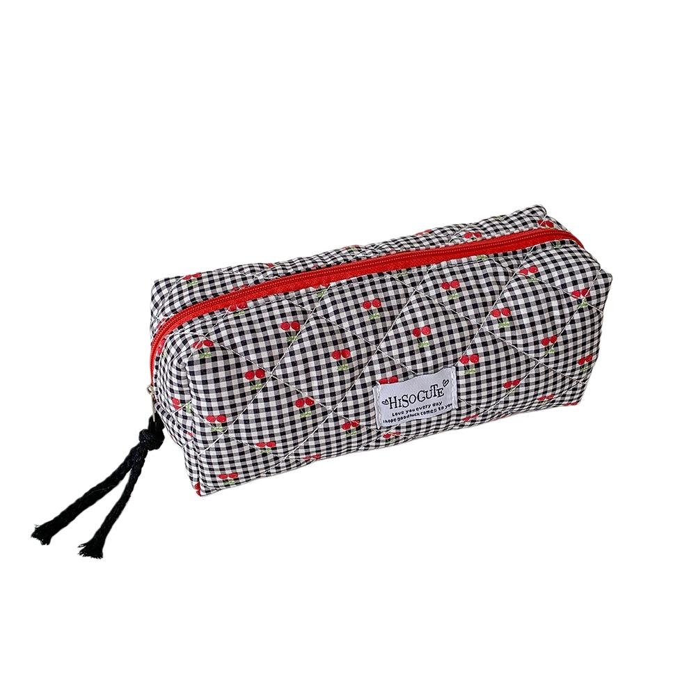 Single Layer Korean Cherry Pencil Case Cute Design Cloth Plaid Pen Bag Student