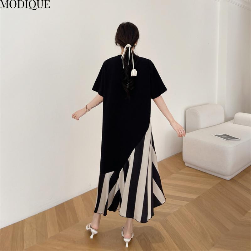 MODIQUE Летние Большие Размеры Новые Женские Свободные Базовые Футболки Шелковые Полоски Лоскутные Длинные Платья Женские Повседневные Платья С Коротким Рукавом О-Образным Вырезом