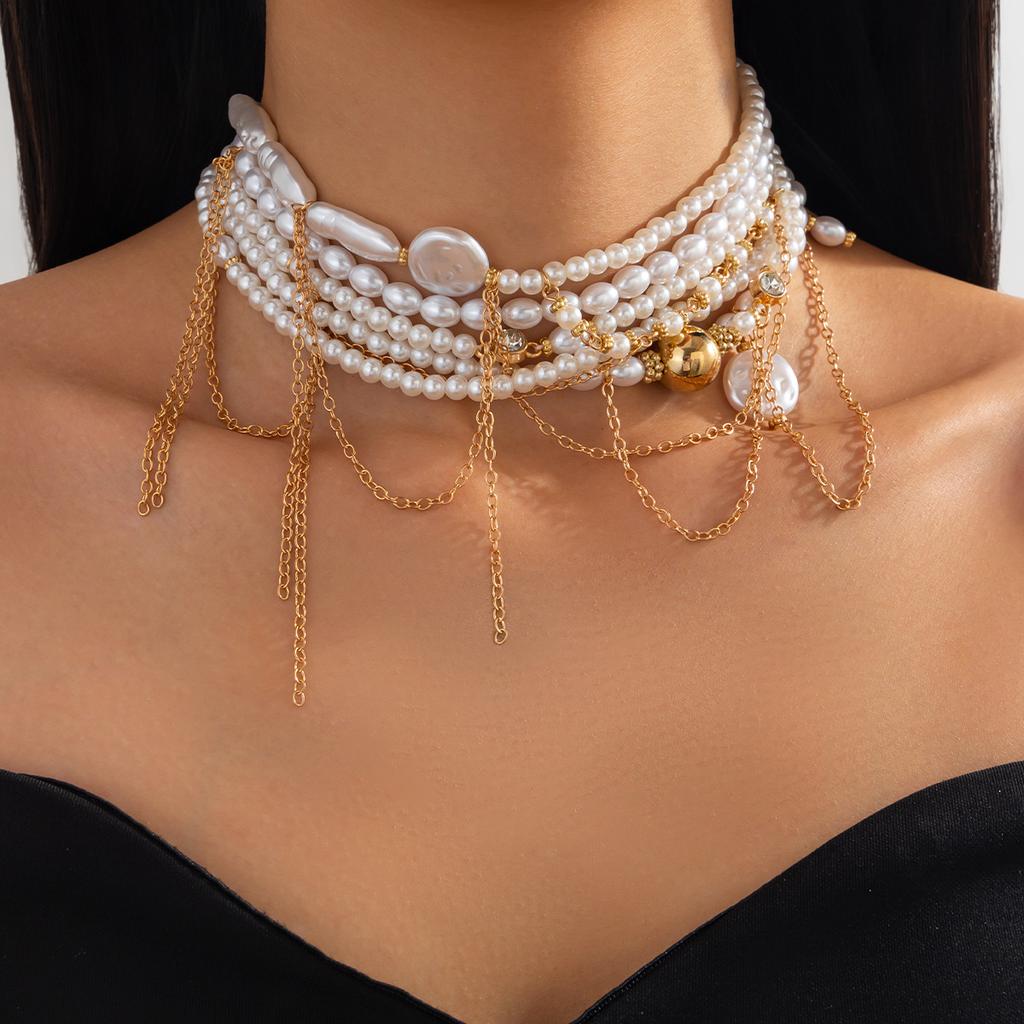 Irregular Imitation Pearl Necklace Retro Style Mulitilayered Choker Tassel Wedding Accessories