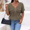 Spring and Summer New Solid Color Large Women's Top Zipper Short Sleeve Fake Pocket Pullover T-shirt Loose
