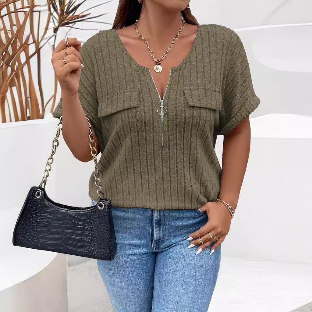 Spring and Summer New Solid Color Large Women's Top Zipper Short Sleeve Fake Pocket Pullover T-shirt Loose