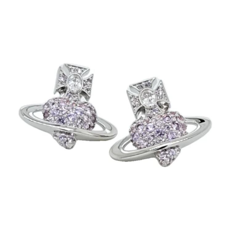 Vivienne Westwood Agnatha Heart Saturn Logo Cubic Zirconia Earrings Women earrings Silver Purple 6201036H-02P621