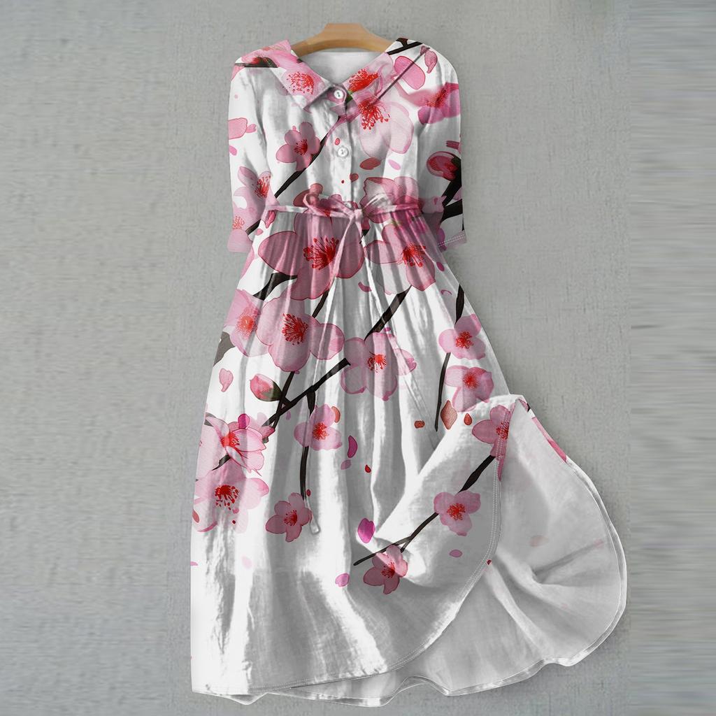 Женское модное платье с откидным воротником и рукавами 3/4 с принтом