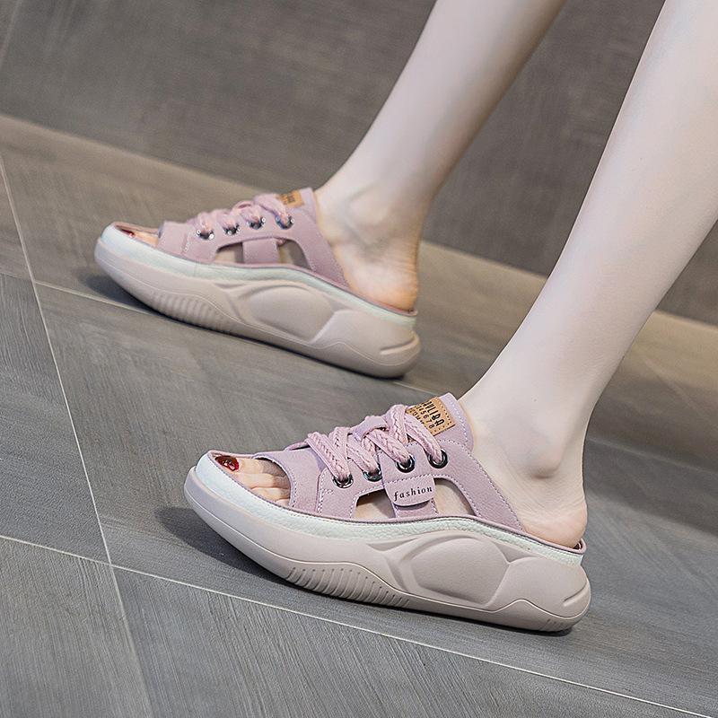 Шлепанцы из натуральной кожи Женские Ажурные Мюли Летние С открытым носком Дышащие Повседневные Туфли Клинья Платформа Кроссовки на шнуровке