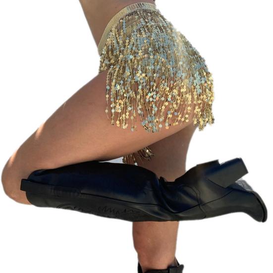 Юбка с пайетками и кисточками, блестящая мини-юбка для танца живота, бахрома, шарф на бедра для рейв-фестиваля, клубная одежда, костюм для выступлений на вечеринке