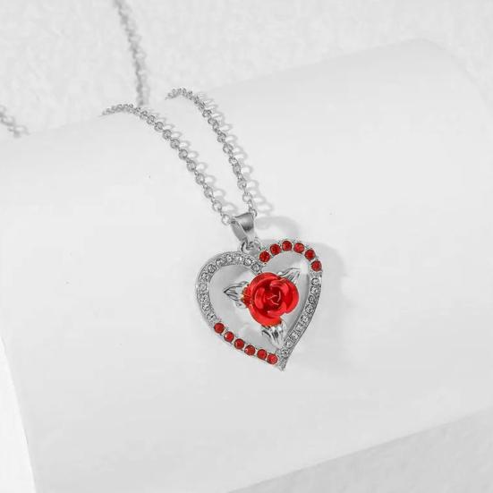 Women Necklace Rhinestone Heart Red Rose Pendant Contrast Color Polished Alloy Symbol of Passionate Love Neck