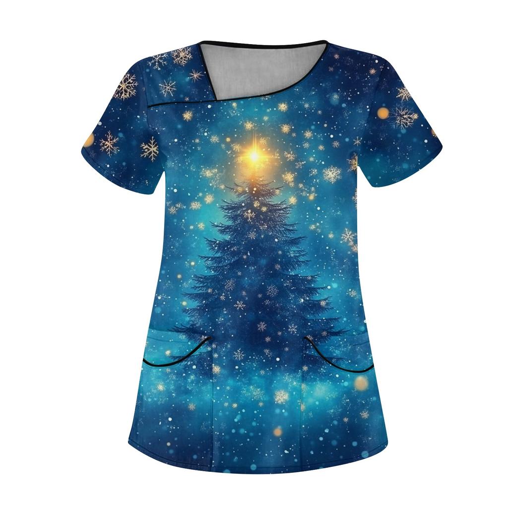 Женская рабочая одежда с рождественским принтом, покатый воротник и двухслойные карманы, базовый пуловер сверху