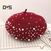 Женский берет с искусственным жемчугом и стразами, винтажная шерстяная шляпа в английском стиле без полей, однотонная, с регулируемыми лямками, кепка-тыква