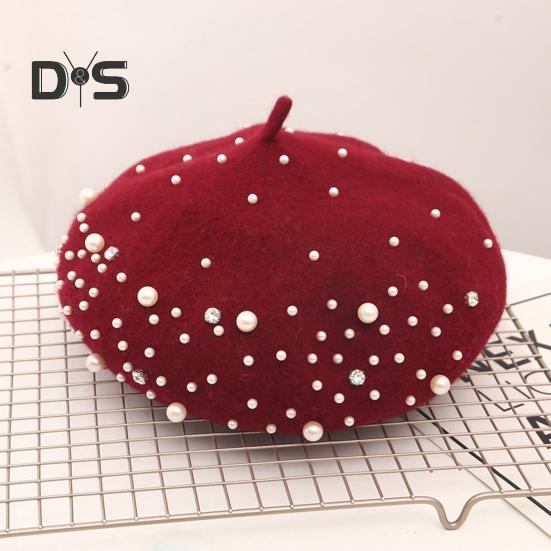 Женский берет с искусственным жемчугом и стразами, винтажная шерстяная шляпа в английском стиле без полей, однотонная, с регулируемыми лямками, кепка-тыква