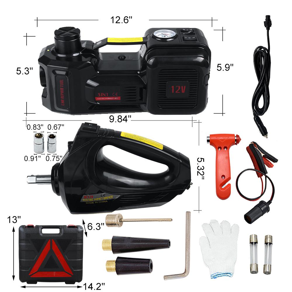 Автомобильный домкрат 5T Электрический гидравлический напольный домкрат Насос для накачивания шин Светодиодная подсветка Электрический ударный гайковерт Инструмент для ремонта автомобиля 45 см 3 в 1 150 Вт DC 12 В