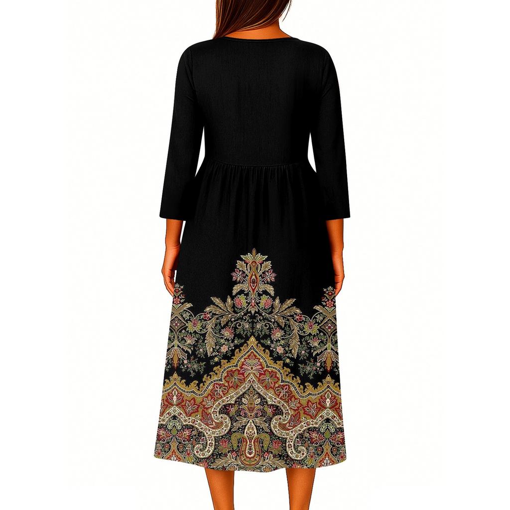 Женское модное платье-рубашка свободного кроя с принтом, круглым вырезом и рукавами семь четвертей на пуговицах