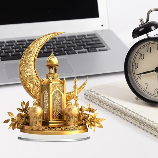 Acrylic Moon Castle Ornament 2D Flat Golden Crescent Moon Mosque Table Sign Holiday Party Home Office Living Room Bedroom Desktop Decoration
