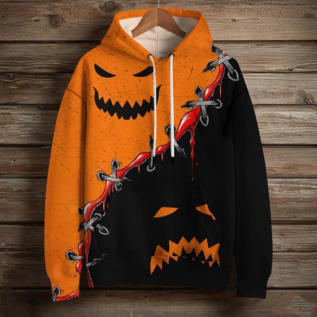 Женский модный пуловер с длинным рукавом, толстовка с капюшоном и карманом, с принтом на Хэллоуин