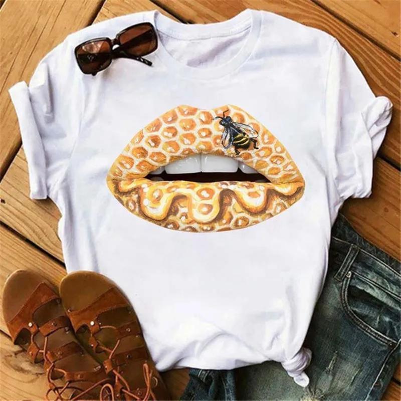 Модная женская футболка унисекс с принтом губ, повседневная, с коротким рукавом и круглым вырезом, свободная женская футболка, женская футболка, топы, одежда, женские футболки
