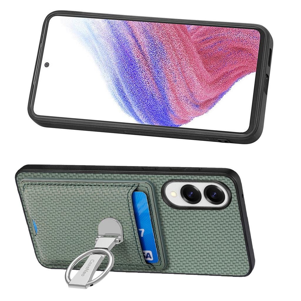 For Samsung Galaxy S25 Edge Leather Phone Back Cover with Kickstand and Card Slots Carbon Fiber Texture