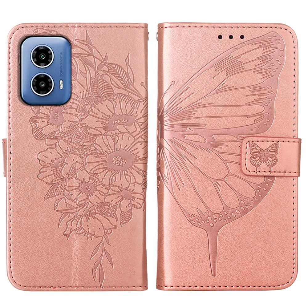 For Motorola Moto G45 5G/G34 5G Wallet Case with Wrist Strap Butterfly Imprint Leather Phone Cover
