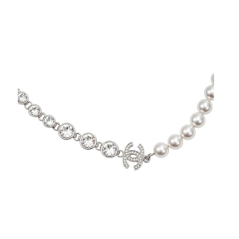 CHANEL Classic Double C Pearl and Rhinestone Necklace Women's Silver
