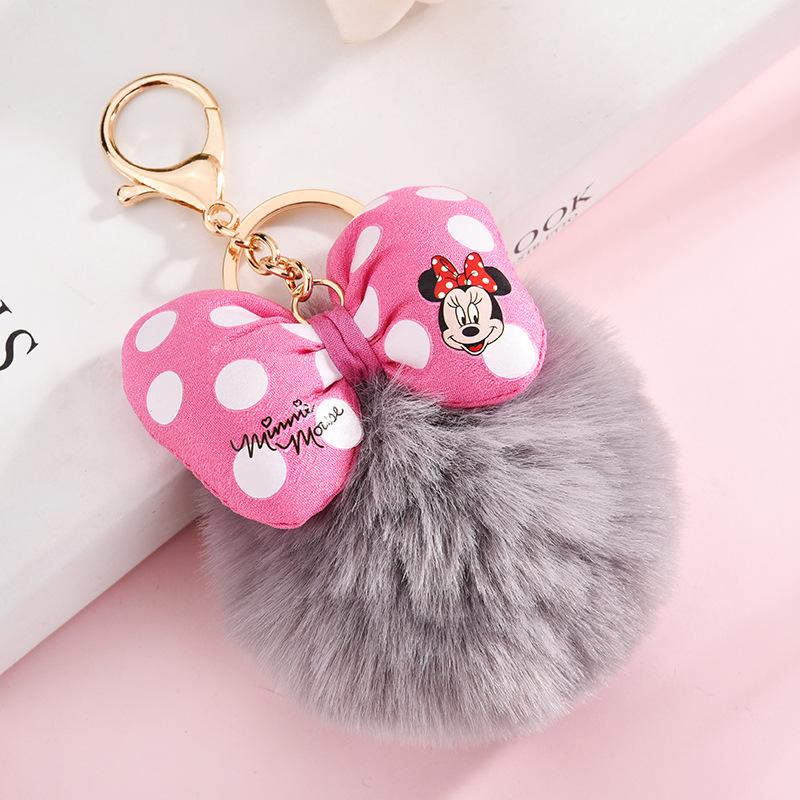 Minnie Plush Keychains Cartoon Polka Dot Bow Pom-Pom Key Ring Pendant Car Bag Ornament Girl Child Gift Toy