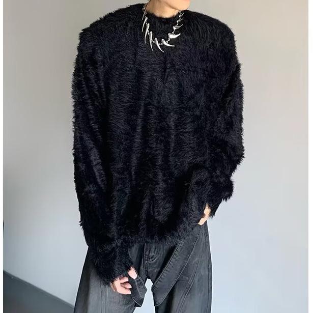 Мужской мягкий пушистый белый вязаный кардиган - Корейский стиль, Удобный и теплый, Круглый вырез, Свободный крой