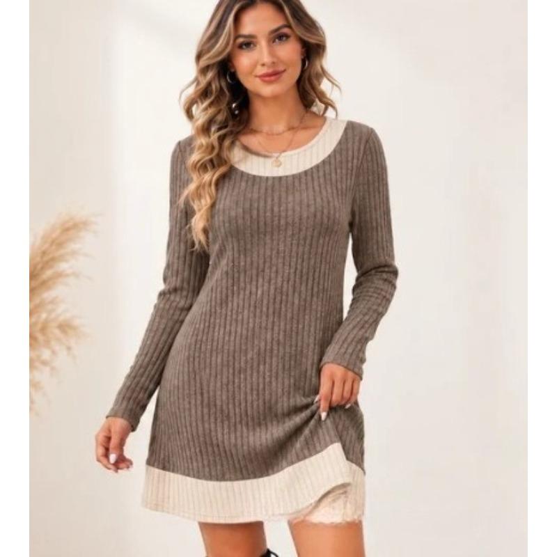 Autumn and winter new knitted sweater skirt elegant temperament casual plaid splicing dress women's clothing