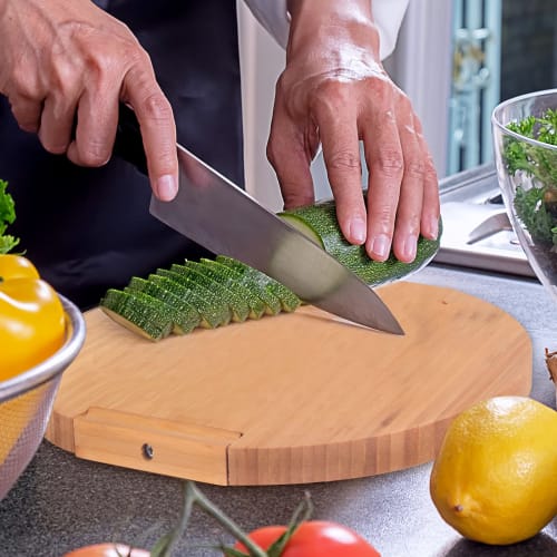 HANKEY Cutting Board, Natural Bamboo with Stand, Pizza Cutting Board, Kitchen Board, Round Cutting Board, Antibacterial, Recommended, 32*32*2cm