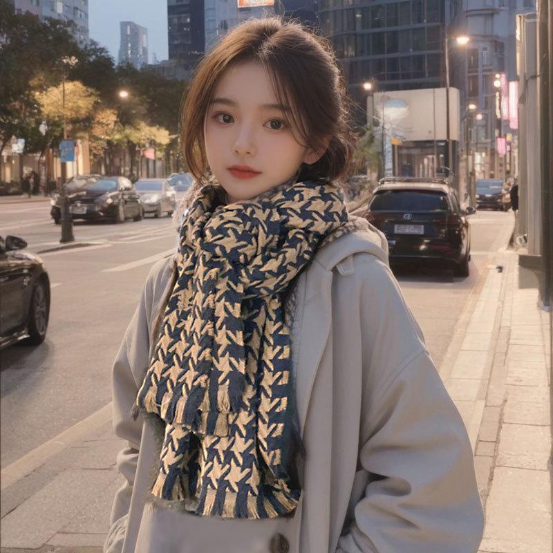 Women's Houndstooth Scarf: Warm Korean Style, Thick Imitation Wool, Fringe Knit for Autumn/Winter.