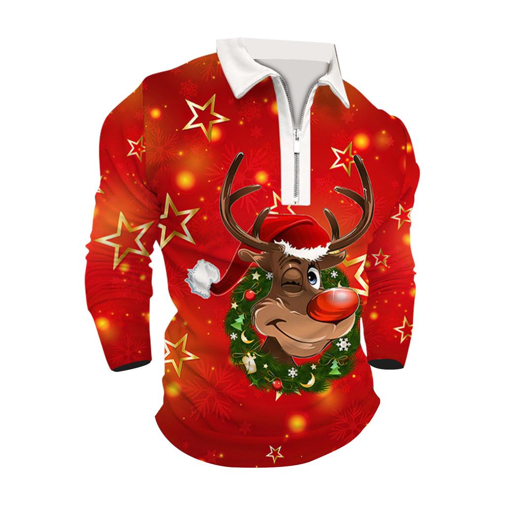 Christmas Men'S Lapel Long Sleeve Printed Casual Top Loose Sports Lapel Shirt