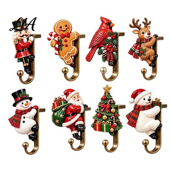 Decorative Mantel Hangers Christmas Stocking Holder for Shelf, Resin Santa Snowman Hooks Reindeer Hooks, No-Drill Fireplace Hanger Holiday Decor