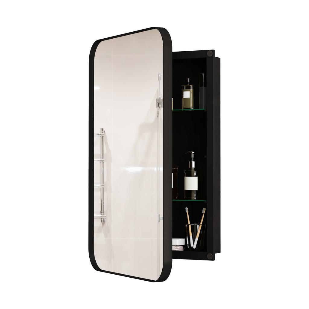 Stylish Rectangle Mirror Cabinet, Recessed Medicine Cabinet, Metal Framed, Adjustable Shelves, Storage for Bathroom, Living Room and Bedroom, Black