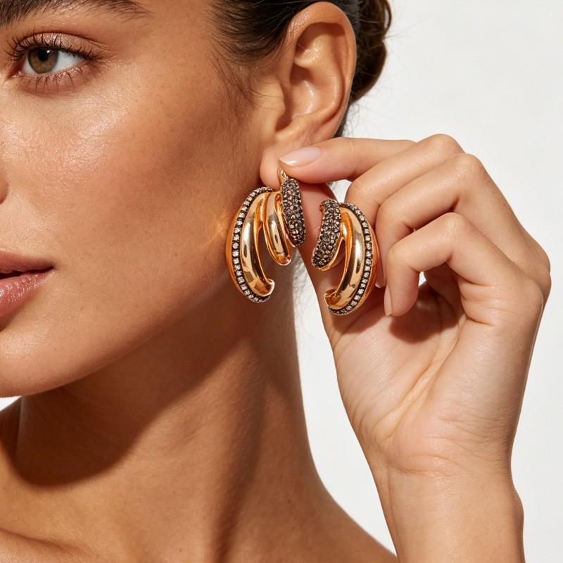 Oversized Geometric C-Shaped Layered Crystal Earrings Women Beach Vacation Fashion Statement Jewelry