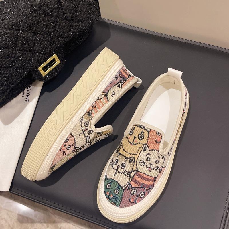 2024 Новые туфли на платформе для женщин с принтом кошки, повседневная обувь из парусины, обувь для девочек-студенток на плоской подошве, скейтборд, мокасины без застежек