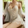 Sexy Lace Women Sleepwear Gray Bandage Night Dress Robe Lingerie 3 Piece Night Set Sexy Perspective Lounge Set Bathrobe Pajamas
