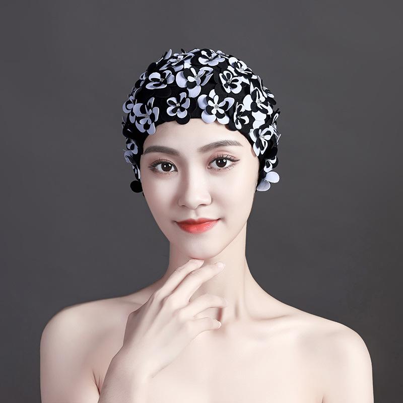 Шапочка для плавания женская с бриллиантовым цветком ручной работы, трехмерная, прошитая вручную, трехслойный цветок, не сдавливает голову, двойная ткань, для плавания, спа