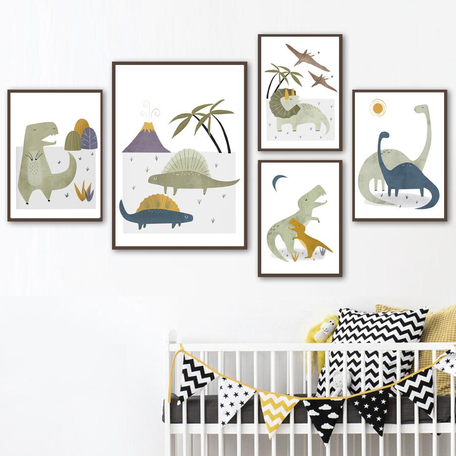 Мультфильм динозавр Юрского периода плакат на скандинавскую тему птеродактиль тираннозавр детская настенная живопись на холсте настенные панно декор детской комнаты