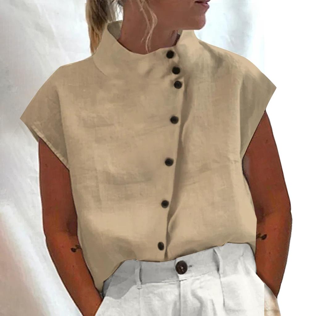 Women's Casual Solid Color Cotton Linen Standing Collar Button Short Sleeved Shirt