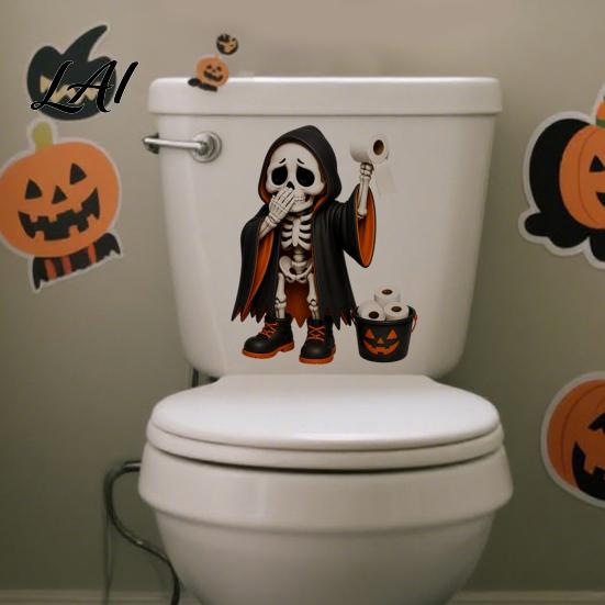 Seasonal Toilet Lid Decorations Halloween Skeleton Sticker Funny Pooping Decal Spooky Bathroom Decor for Adhesive Waterproof Sticker Tank