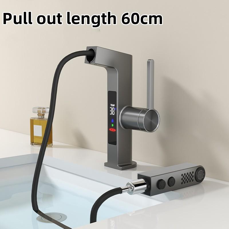 Смеситель для раковины с цифровым дисплеем, 2 режима, выдвижной распылитель горячей и холодной воды, смеситель для раковины, смеситель для мытья для ванной комнаты
