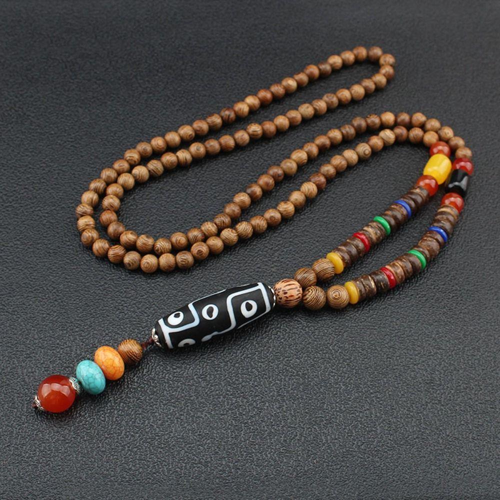 Vintage Lucky Gift Party Ethnic Jewelry Mala Wood Bead Nepal Necklace Horn Fish Pendant Buddhist