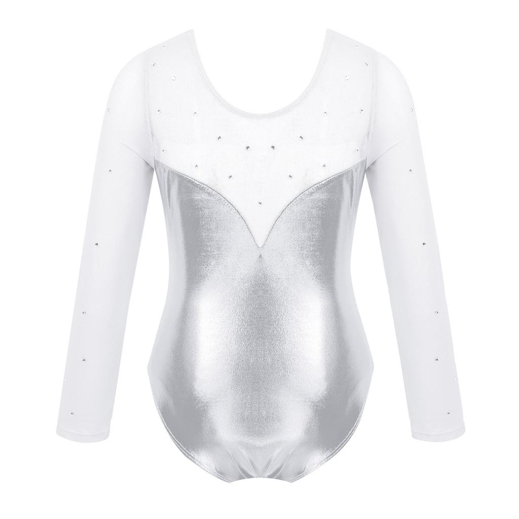 Детский цельный фатиновый комбинезон для девочек с длинными рукавами и блестящими стразами металлик для балета, танцев, гимнастики, трико, комбинезон